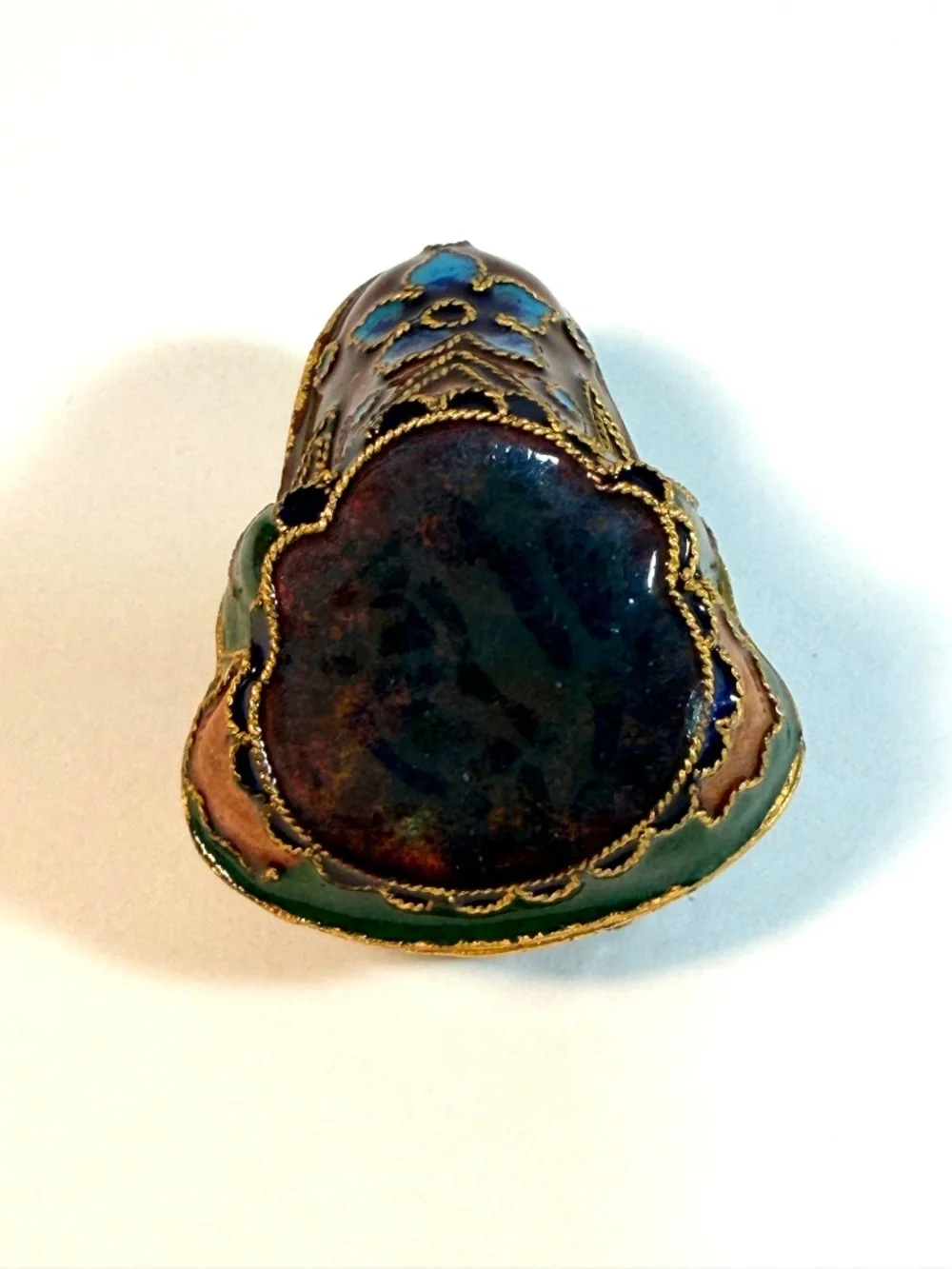Vintage Cloisonne Green Enamel Frog Trinket Box, Blue Flower on Underside
